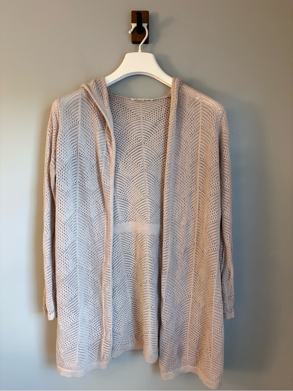 Cyrus Beige Open Knit Hooded Cardigan Sweater Medium Pointelle Longline